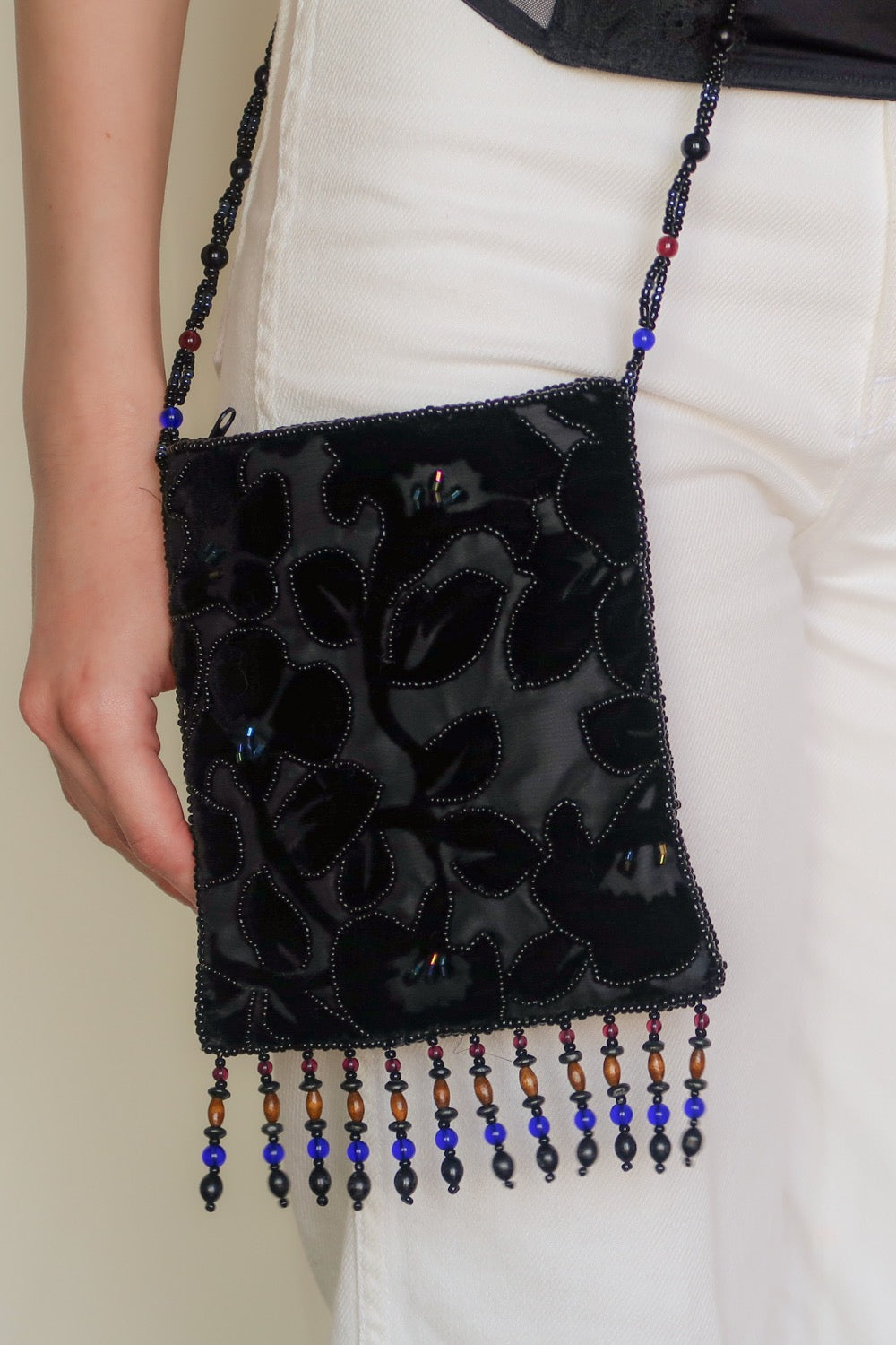 Black Velvet Beaded Purse Handbag 1980s Beaded Bag Art Nouveau
