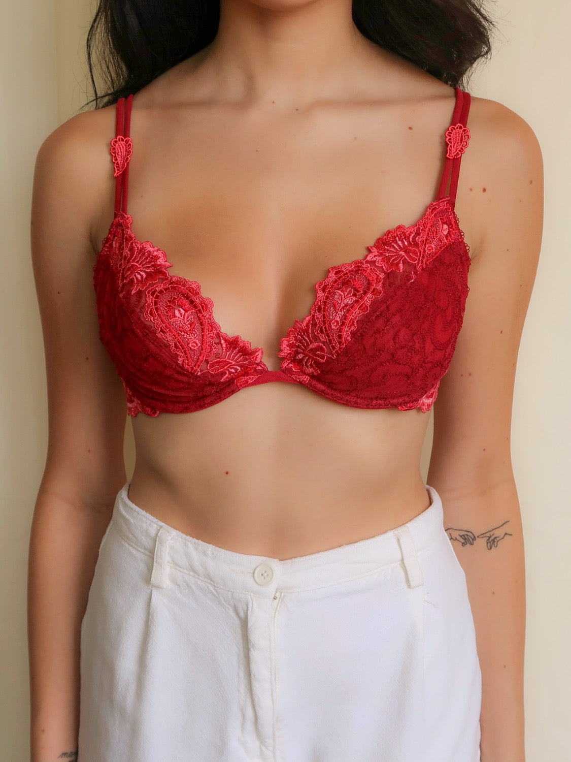 VINTAGE FRENCH RED PAISLEY BRALETTE - (34C/36B/32D)