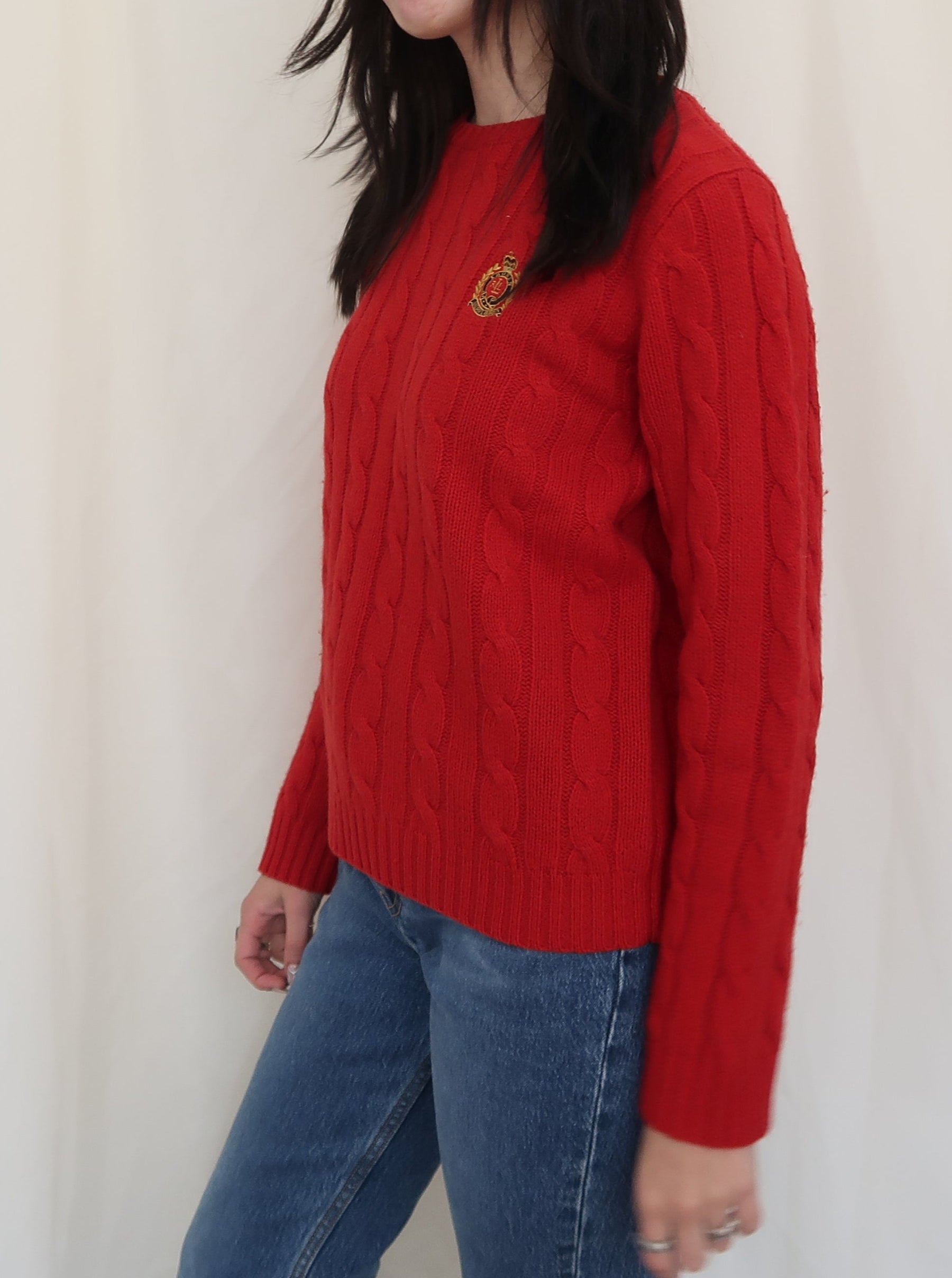 VINTAGE RALPH LAUREN CABLE KNIT RED SWEATER - (SMALL)